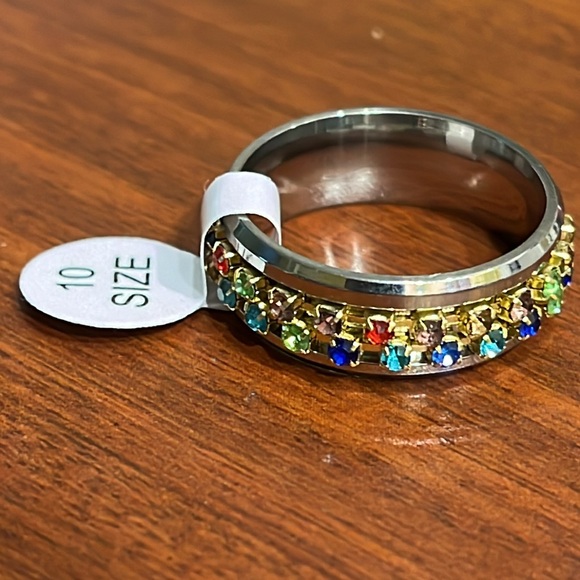 NWT multi-colored faux gemstones SILVER tone spinner ring, Men/Women size 10 - Picture 7 of 8